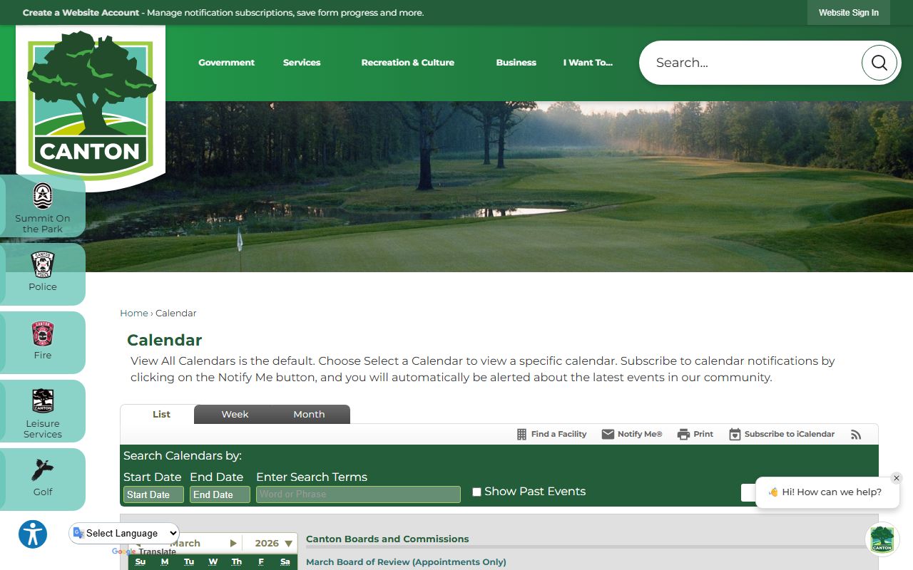 Canton Township calendar and events page