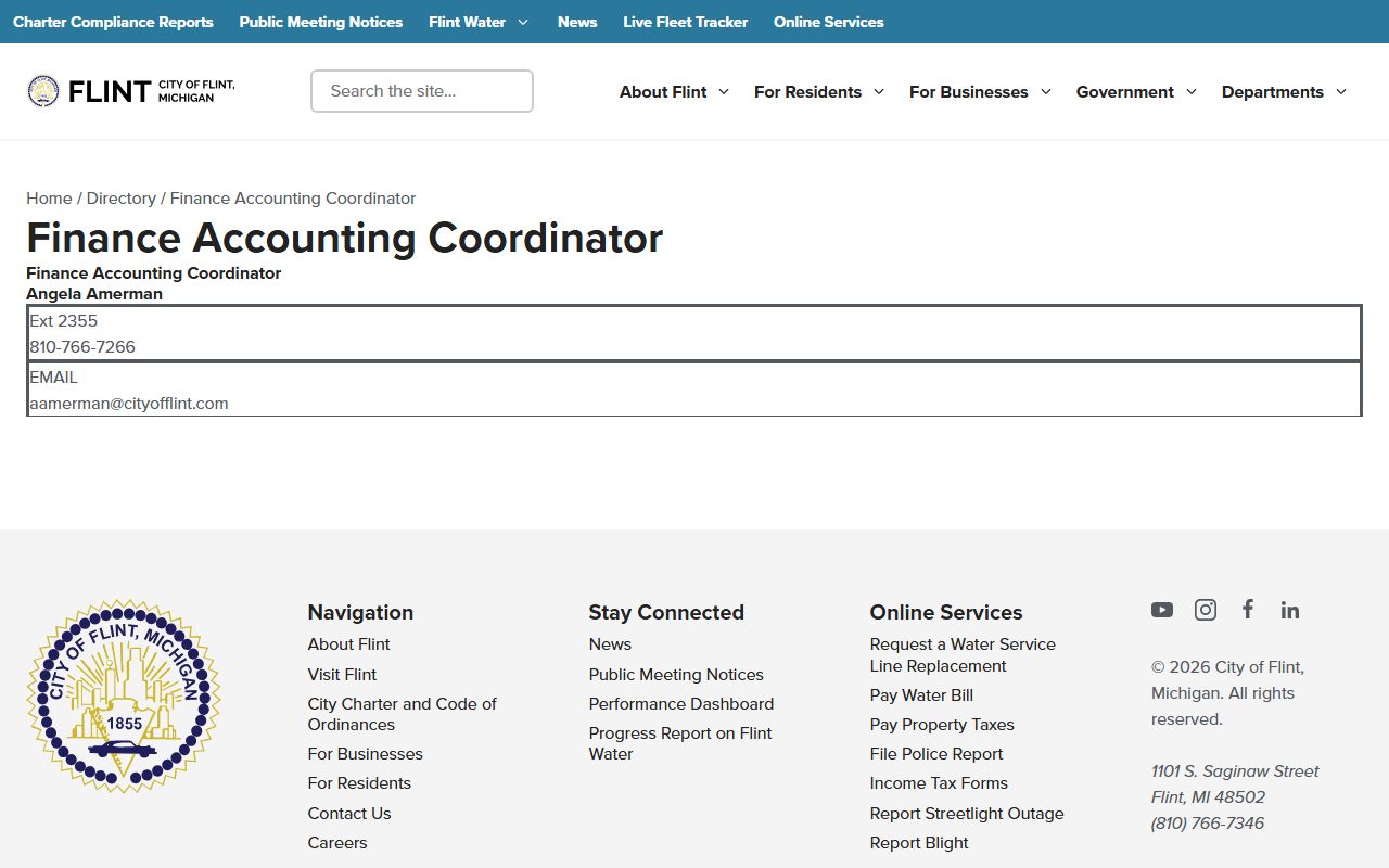 Flint Finance Department page covering assessment functions
