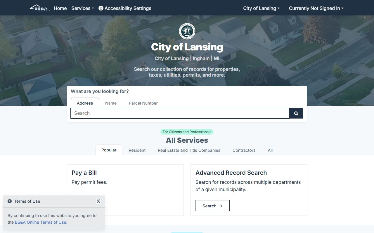 BS&A Online property search portal for Lansing
