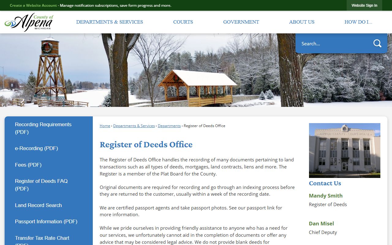 Alpena County Register of Deeds office page showing contact information and services