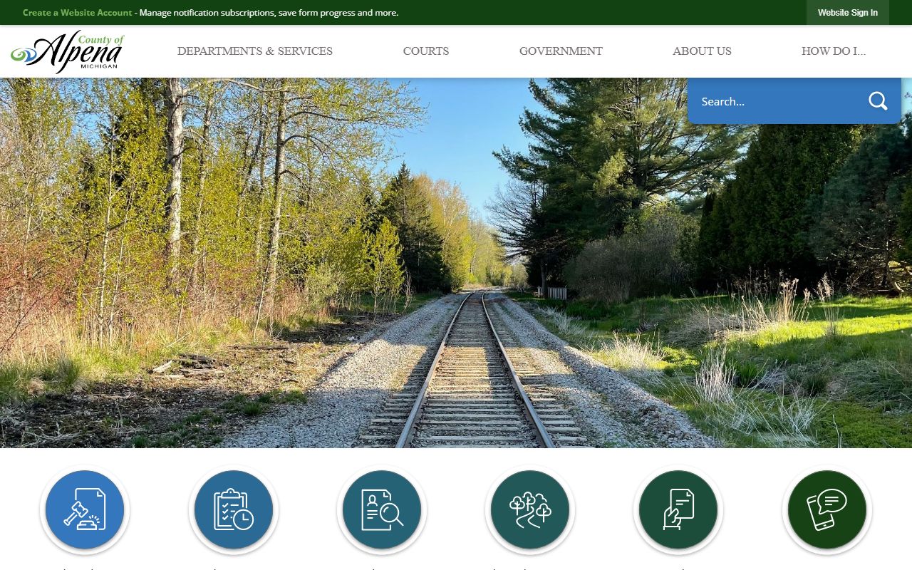 Alpena County government website showing department listings including Register of Deeds