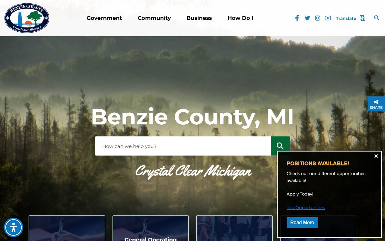 Benzie County government website homepage