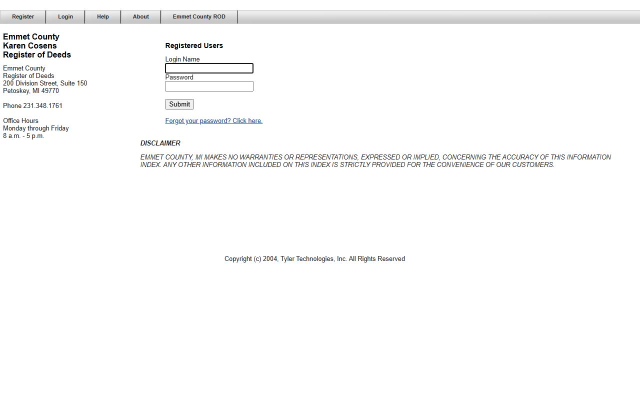Emmet County online deed records search portal login page