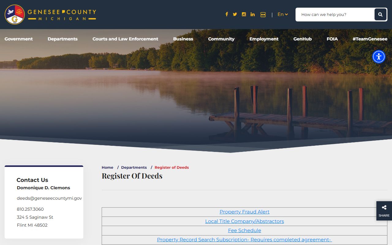 Genesee County Register of Deeds department website page