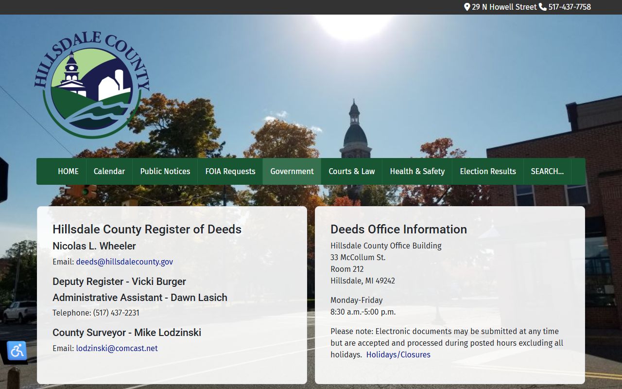 Hillsdale County Register of Deeds page showing online search options