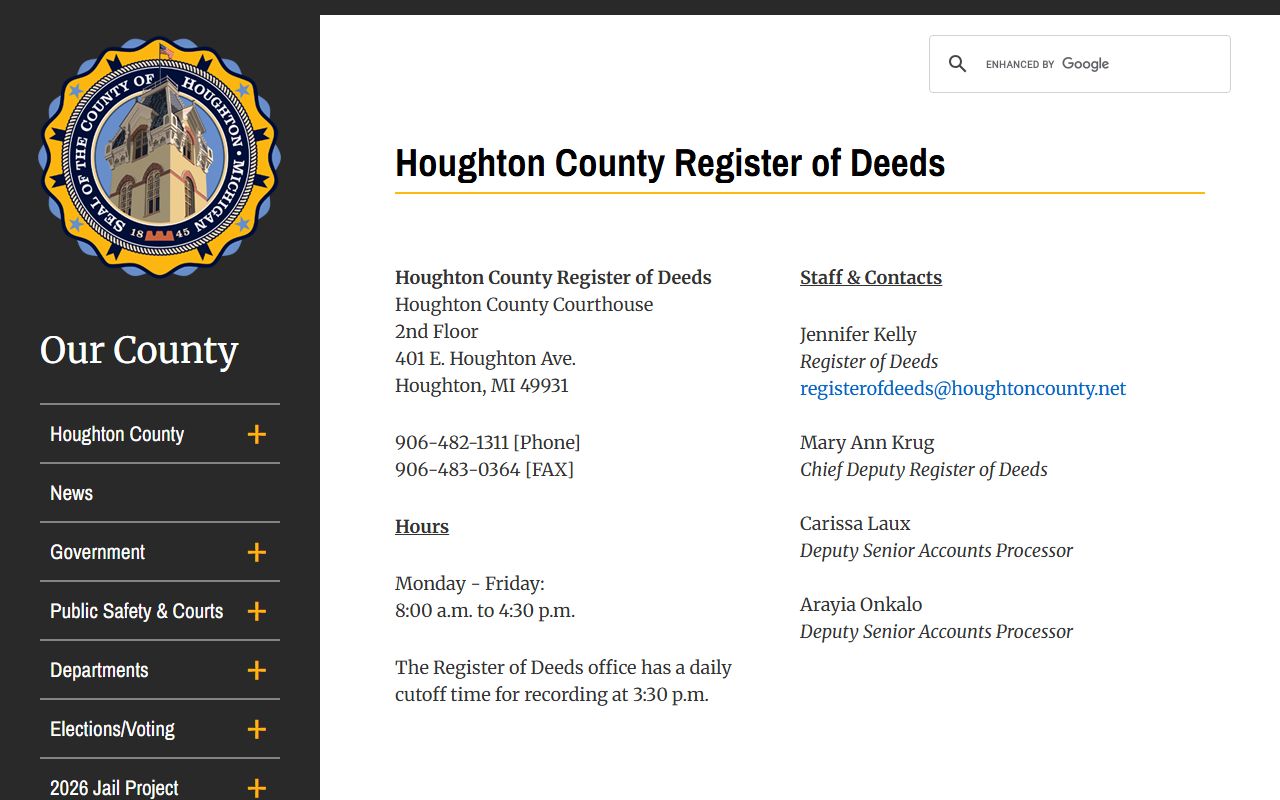 Houghton County Register of Deeds department page