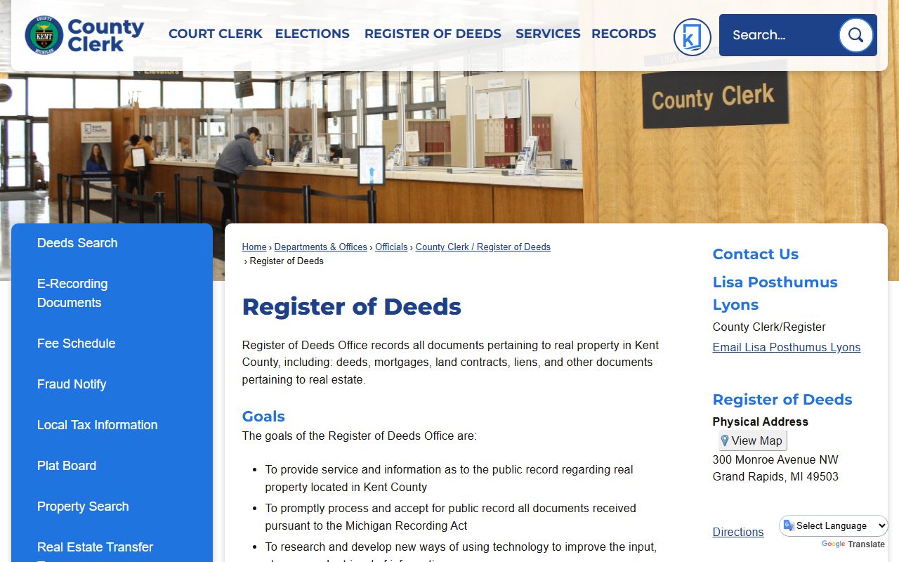 Kent County Register of Deeds department page showing contact info and services