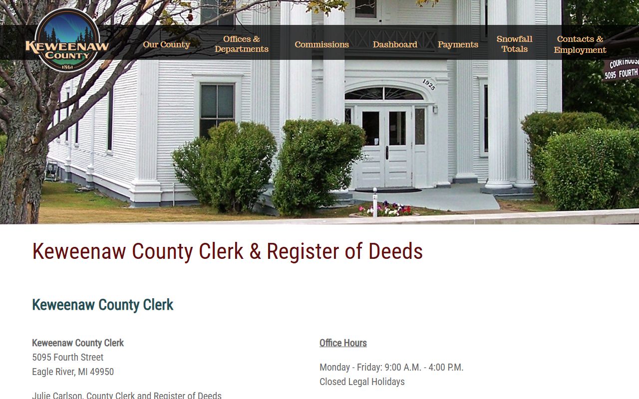 Keweenaw County Clerk department page showing deed records contact and services