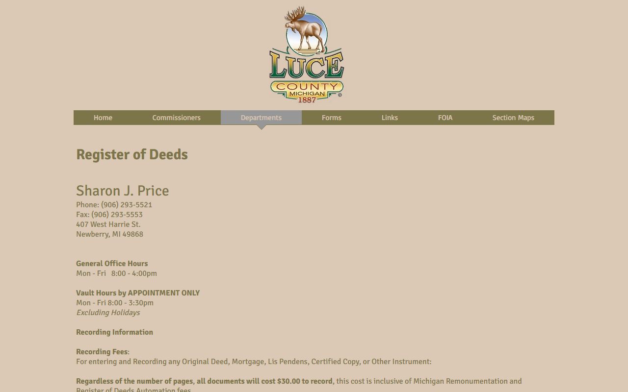 Luce County Register of Deeds page at lucecountymi.com