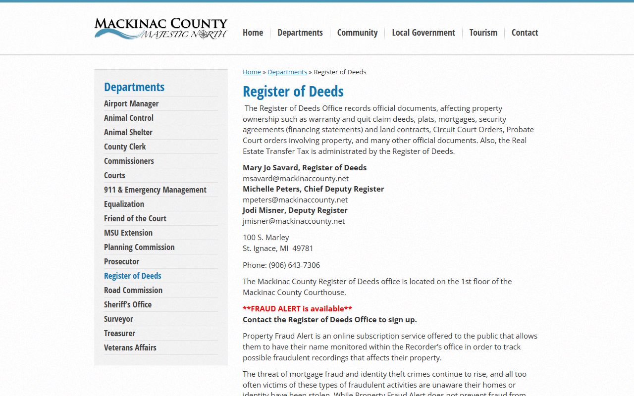 Mackinac County Register of Deeds page showing online index search
