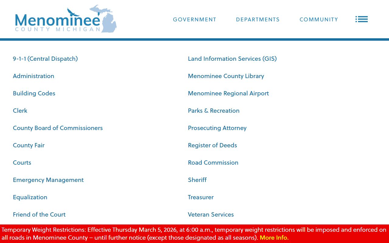 Menominee County departments page including Register of Deeds