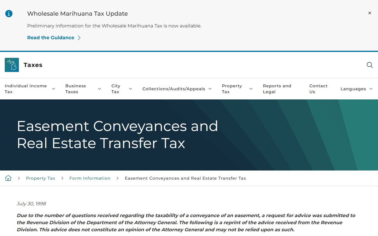 Michigan Treasury easement conveyances and real estate transfer tax information for deed records